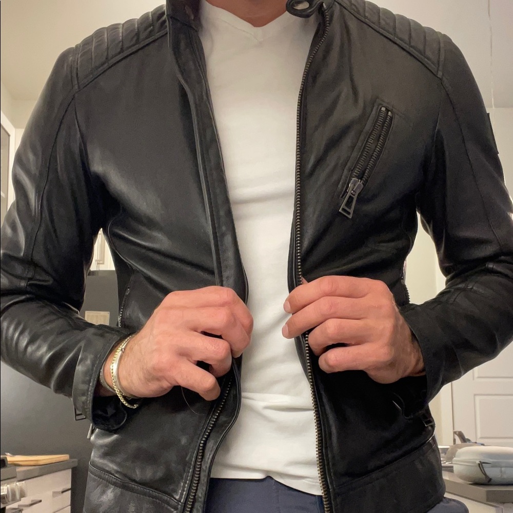 Belstaff Black Leather Racer Jacket Size 52. Mens